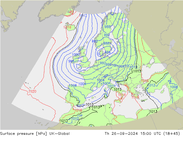 Surface pressure UK-Global Th 26.09.2024 15 UTC