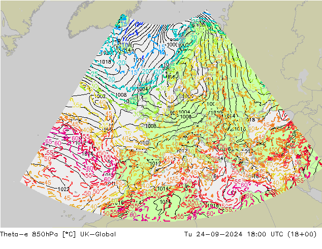 Theta-e 850hPa UK-Global  24.09.2024 18 UTC