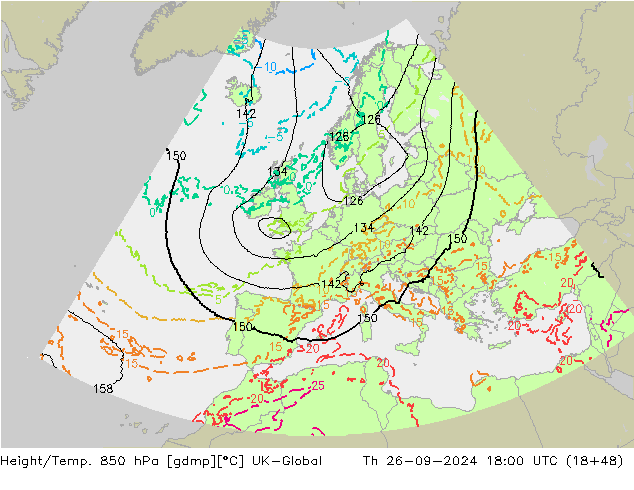 Height/Temp. 850 гПа UK-Global чт 26.09.2024 18 UTC