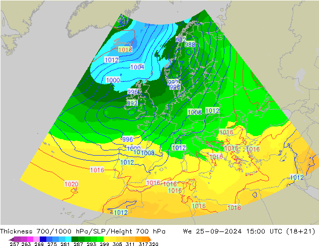 Thck 700-1000 hPa UK-Global We 25.09.2024 15 UTC