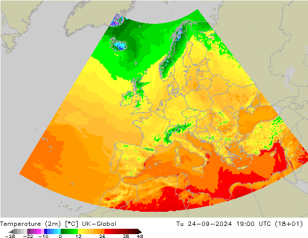 Temperature (2m) UK-Global Tu 24.09.2024 19 UTC