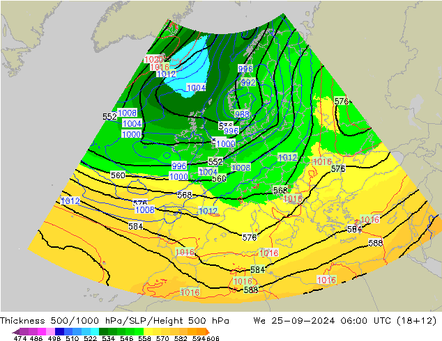 Thck 500-1000hPa UK-Global We 25.09.2024 06 UTC