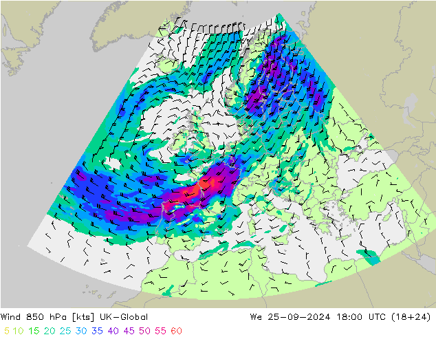 Wind 850 hPa UK-Global Mi 25.09.2024 18 UTC