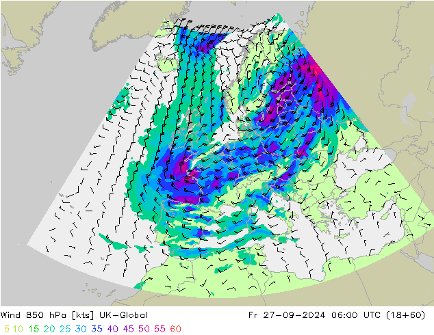 Wind 850 hPa UK-Global Pá 27.09.2024 06 UTC