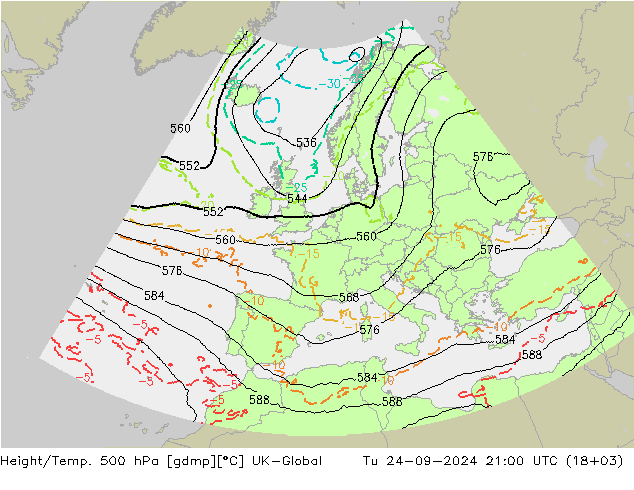 Height/Temp. 500 hPa UK-Global wto. 24.09.2024 21 UTC