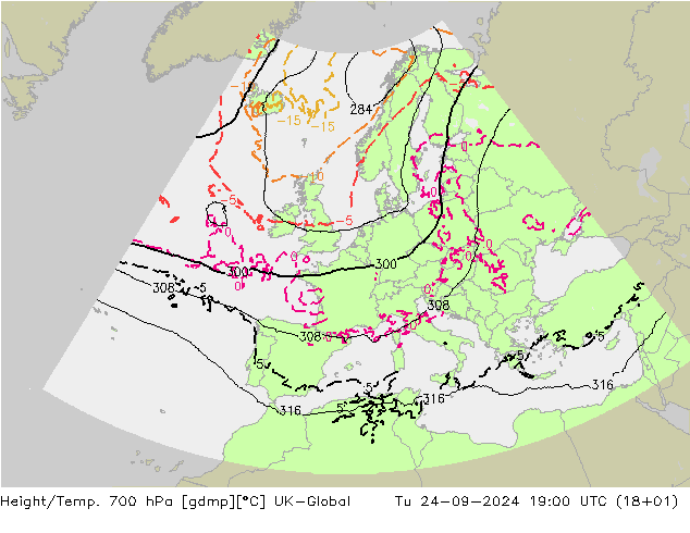 Height/Temp. 700 гПа UK-Global вт 24.09.2024 19 UTC