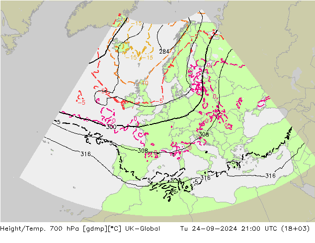 Height/Temp. 700 hPa UK-Global Tu 24.09.2024 21 UTC