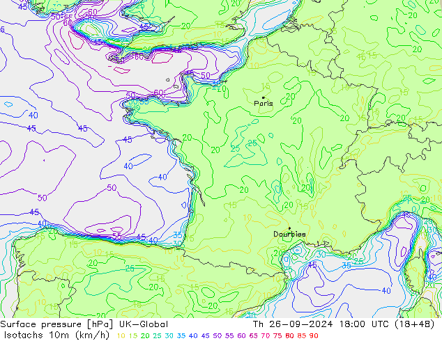 Isotachen (km/h) UK-Global Do 26.09.2024 18 UTC