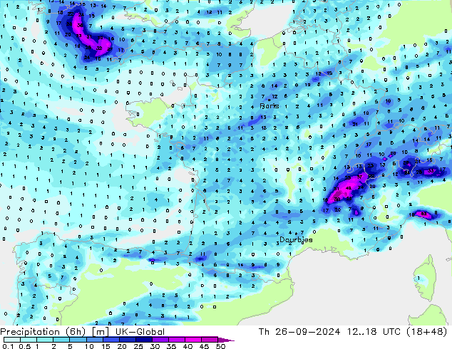 Precipitation (6h) UK-Global Th 26.09.2024 18 UTC