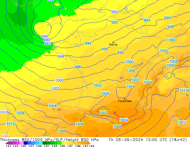 Thck 850-1000 hPa UK-Global czw. 26.09.2024 12 UTC