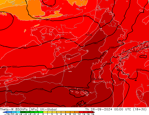Theta-W 850hPa UK-Global do 26.09.2024 00 UTC