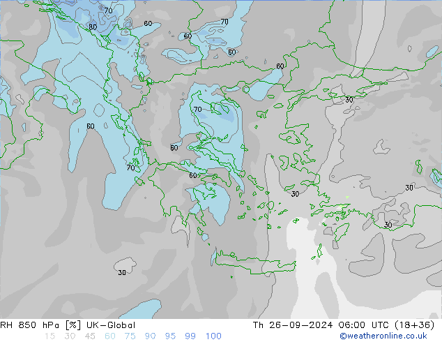 Humidité rel. 850 hPa UK-Global jeu 26.09.2024 06 UTC