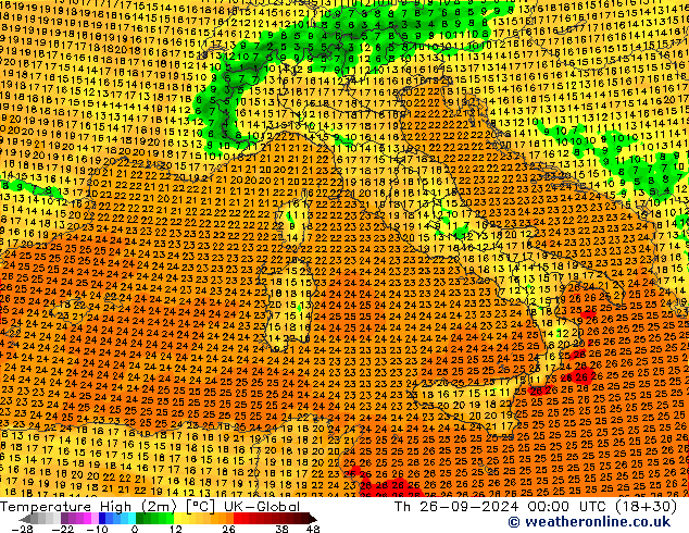 Temperature High (2m) UK-Global Th 26.09.2024 00 UTC