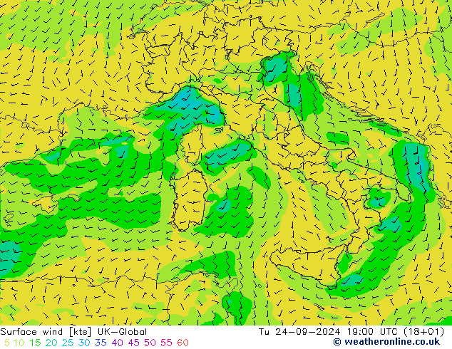 Surface wind UK-Global Tu 24.09.2024 19 UTC