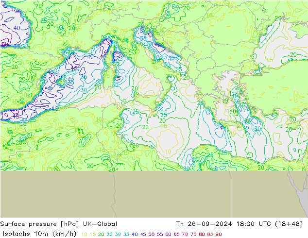 Isotachs (kph) UK-Global  26.09.2024 18 UTC