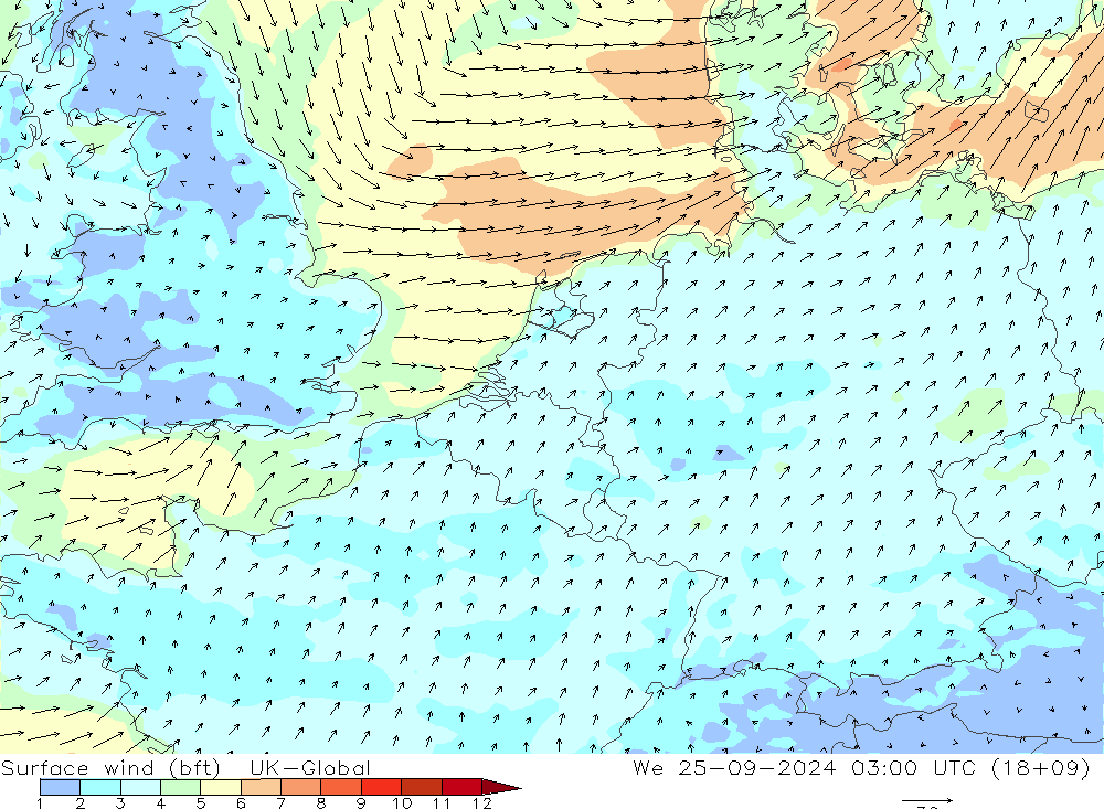 Surface wind (bft) UK-Global We 25.09.2024 03 UTC