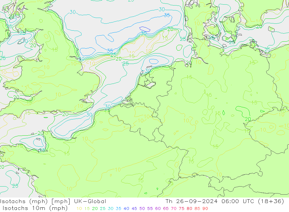 Isotachs (mph) UK-Global gio 26.09.2024 06 UTC