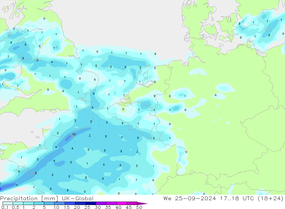 Precipitazione UK-Global mer 25.09.2024 18 UTC