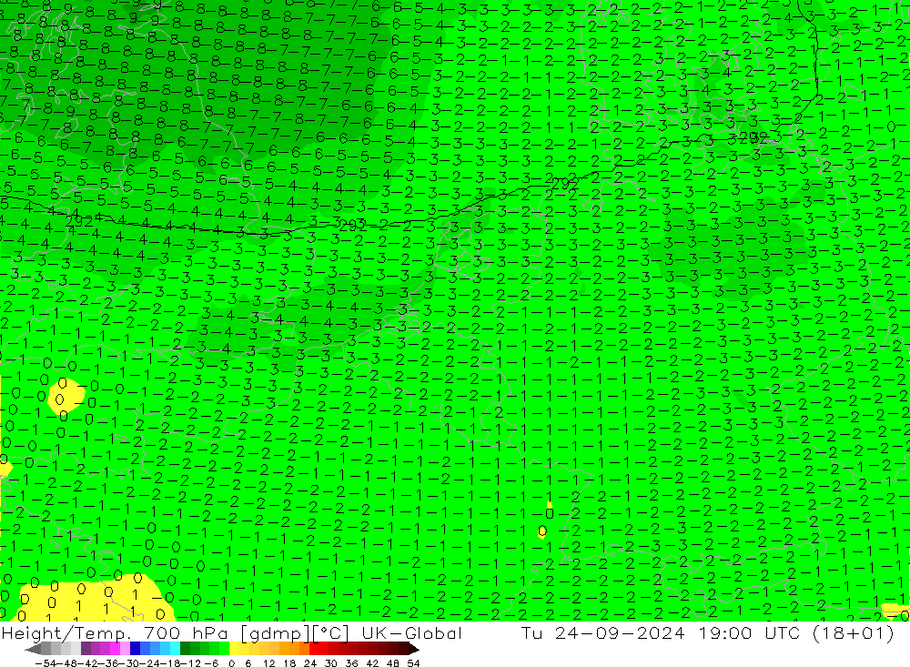 Height/Temp. 700 hPa UK-Global Di 24.09.2024 19 UTC
