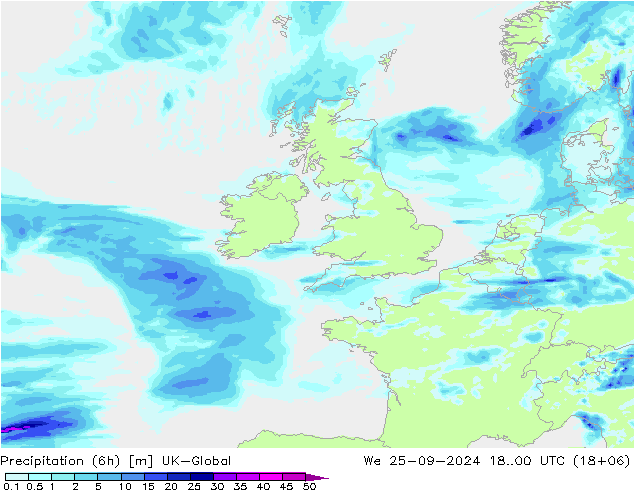 Precipitation (6h) UK-Global We 25.09.2024 00 UTC