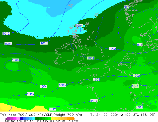 Thck 700-1000 hPa UK-Global  24.09.2024 21 UTC