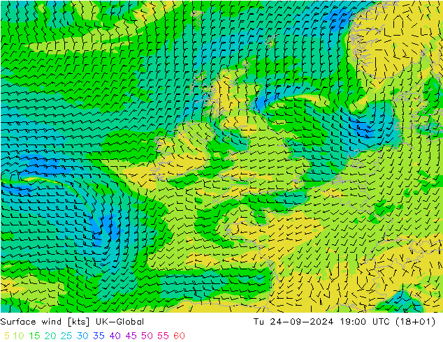 Surface wind UK-Global Tu 24.09.2024 19 UTC