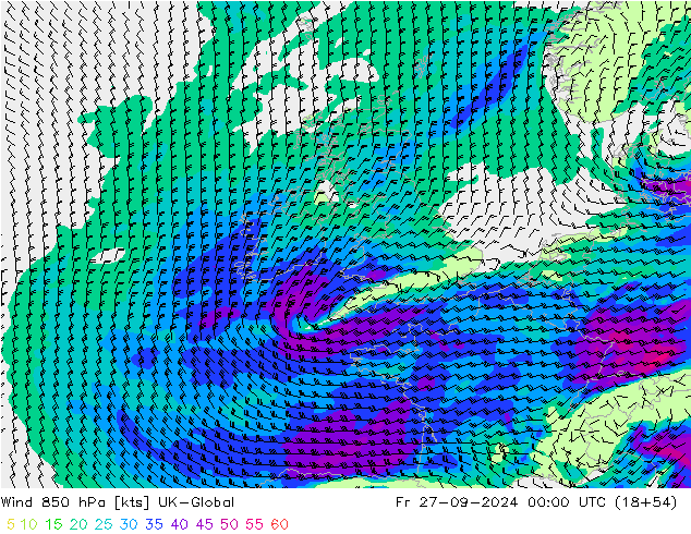 Wind 850 hPa UK-Global Fr 27.09.2024 00 UTC