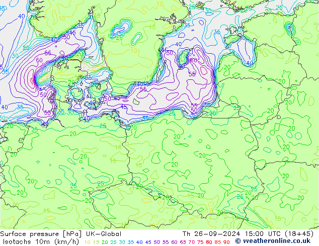 Isotachs (kph) UK-Global чт 26.09.2024 15 UTC