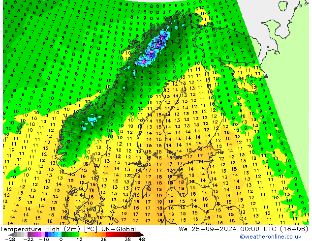 Max.temperatuur (2m) UK-Global wo 25.09.2024 00 UTC