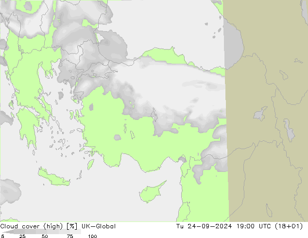 Cloud cover (high) UK-Global Tu 24.09.2024 19 UTC