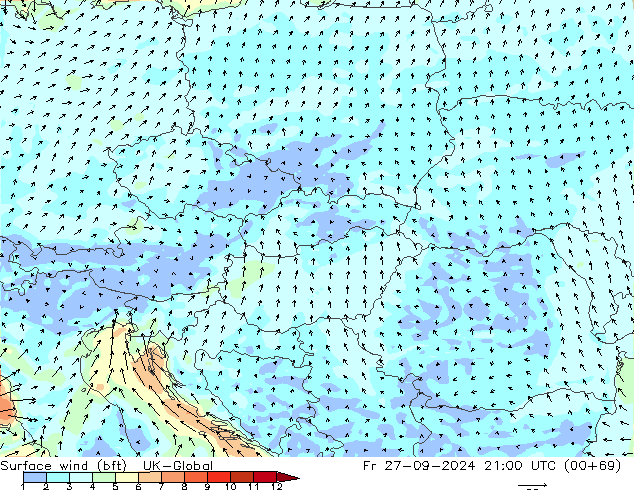 Surface wind (bft) UK-Global Fr 27.09.2024 21 UTC