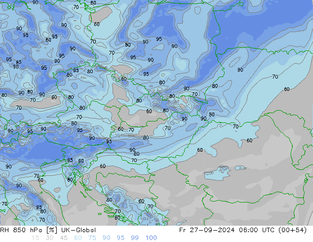 RH 850 hPa UK-Global Fr 27.09.2024 06 UTC