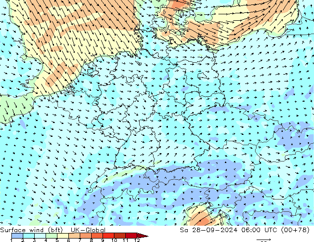 Surface wind (bft) UK-Global Sa 28.09.2024 06 UTC