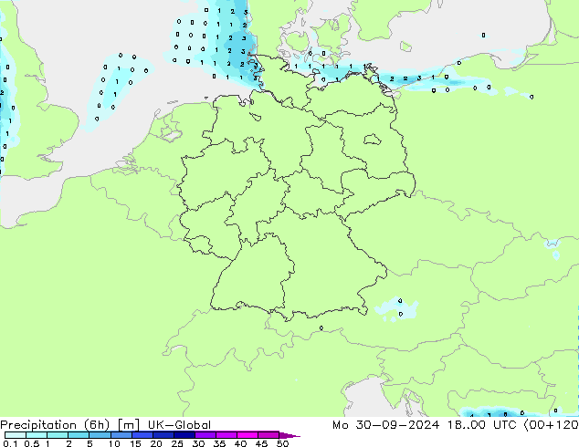 Precipitation (6h) UK-Global Mo 30.09.2024 00 UTC