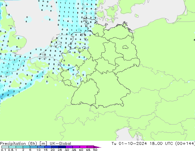 Precipitation (6h) UK-Global Út 01.10.2024 00 UTC