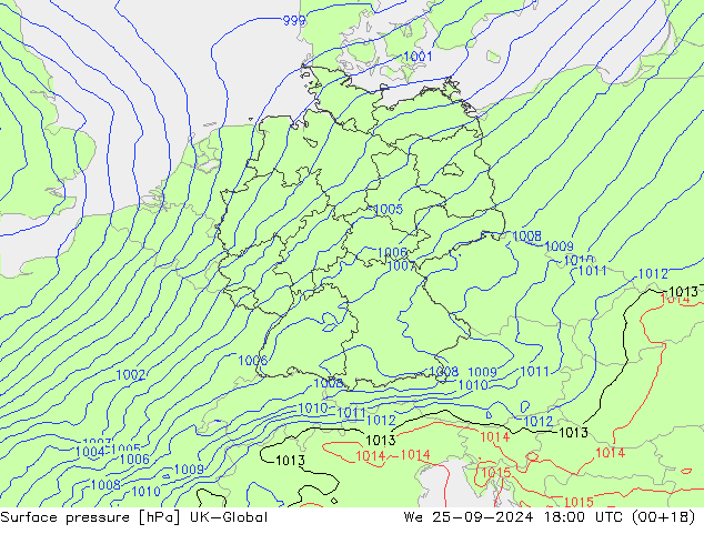 Pressione al suolo UK-Global mer 25.09.2024 18 UTC