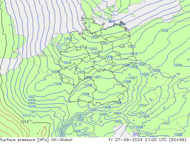 Surface pressure UK-Global Fr 27.09.2024 21 UTC