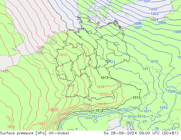 Pressione al suolo UK-Global sab 28.09.2024 09 UTC