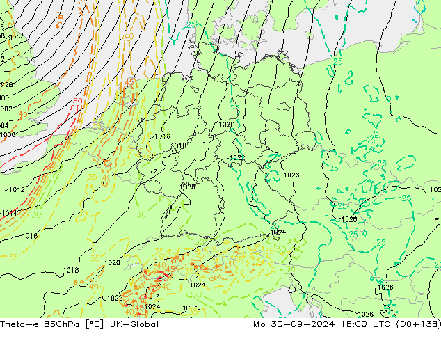 Theta-e 850hPa UK-Global pon. 30.09.2024 18 UTC