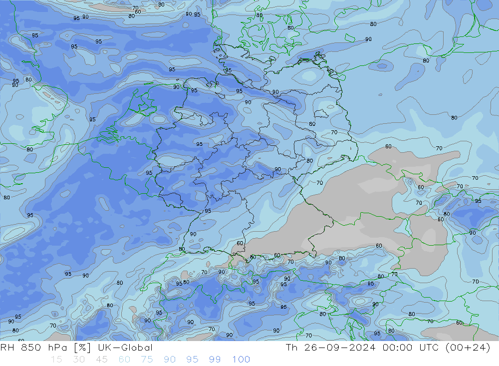 RH 850 hPa UK-Global czw. 26.09.2024 00 UTC