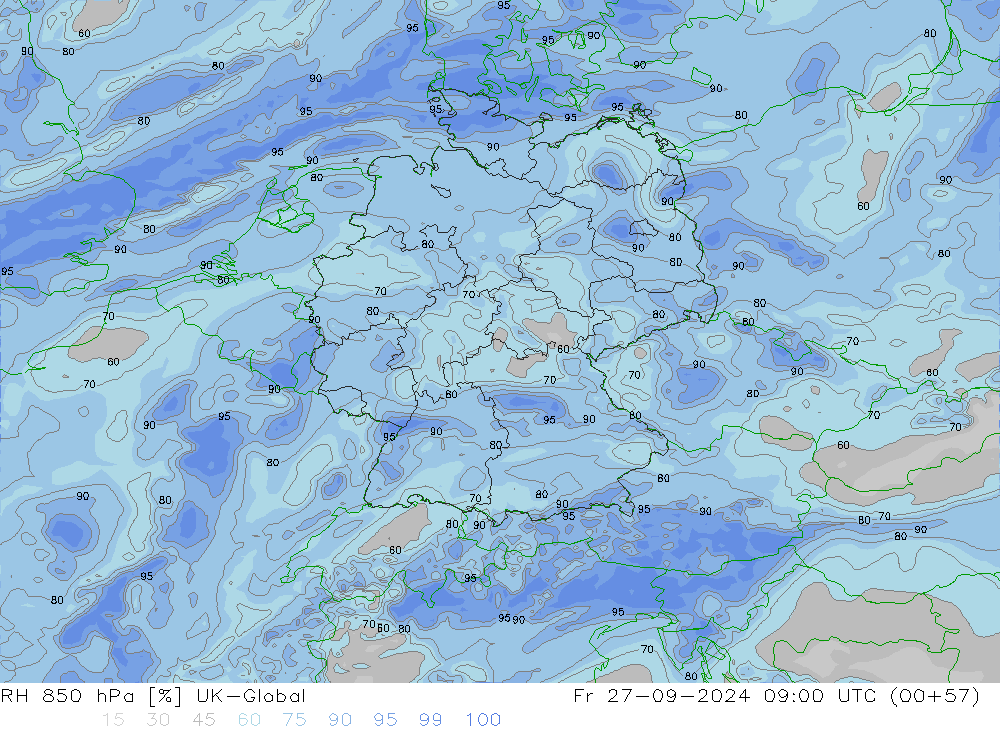 RH 850 hPa UK-Global Fr 27.09.2024 09 UTC