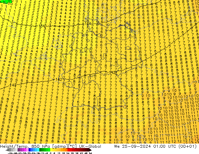 Height/Temp. 850 hPa UK-Global 星期三 25.09.2024 01 UTC