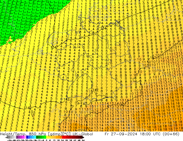 Height/Temp. 850 hPa UK-Global ven 27.09.2024 18 UTC