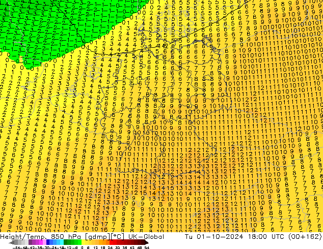 Géop./Temp. 850 hPa UK-Global mar 01.10.2024 18 UTC