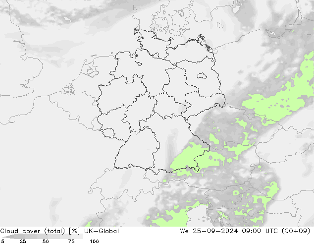 Cloud cover (total) UK-Global We 25.09.2024 09 UTC