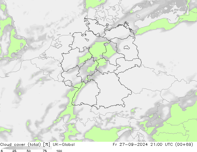 Cloud cover (total) UK-Global Fr 27.09.2024 21 UTC