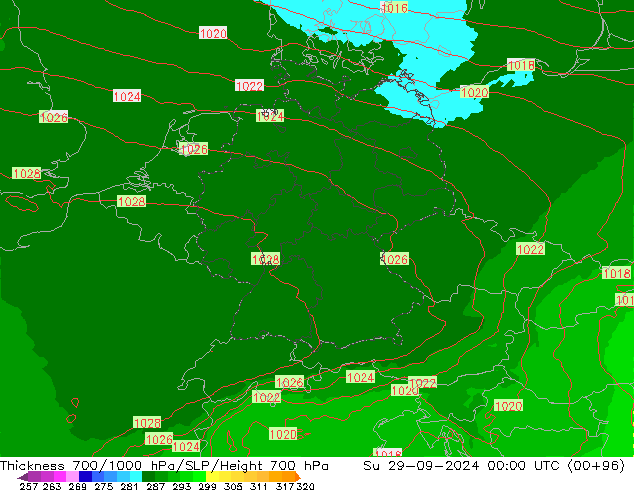 Thck 700-1000 hPa UK-Global Su 29.09.2024 00 UTC