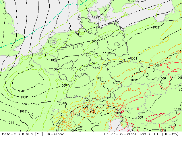 Theta-e 700hPa UK-Global Fr 27.09.2024 18 UTC