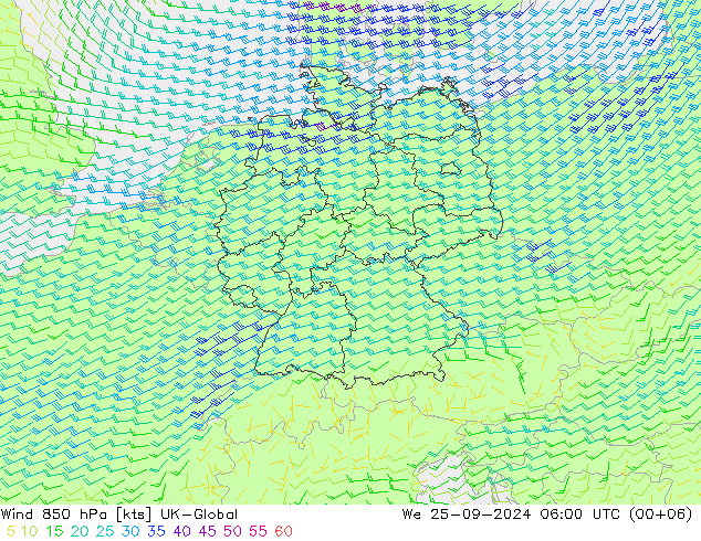 Wind 850 hPa UK-Global We 25.09.2024 06 UTC