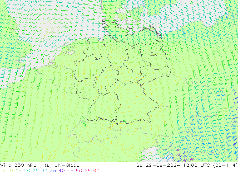 Wind 850 hPa UK-Global Su 29.09.2024 18 UTC